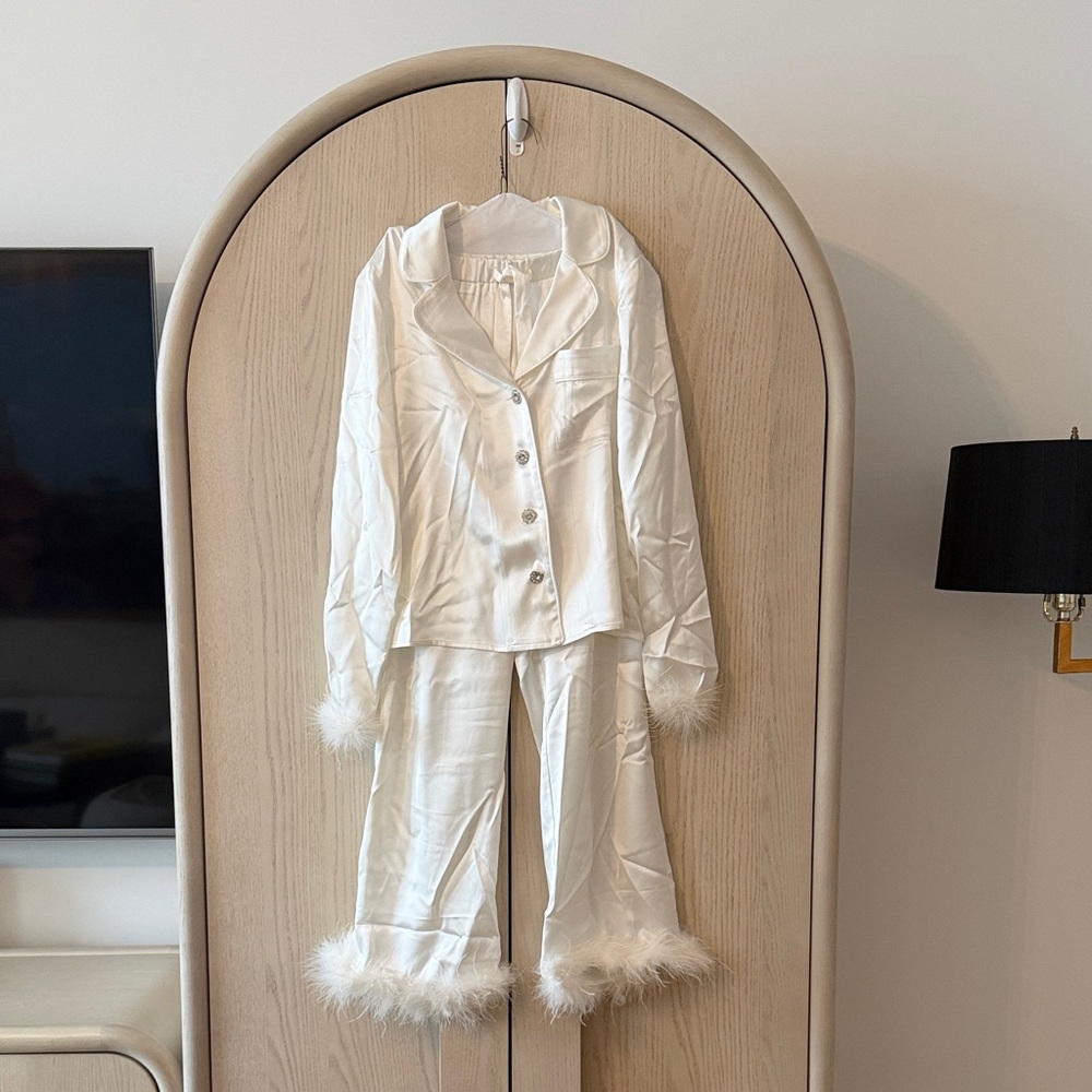 Elegant White Satin Bridal Pajama Set with Faux Fur Trim